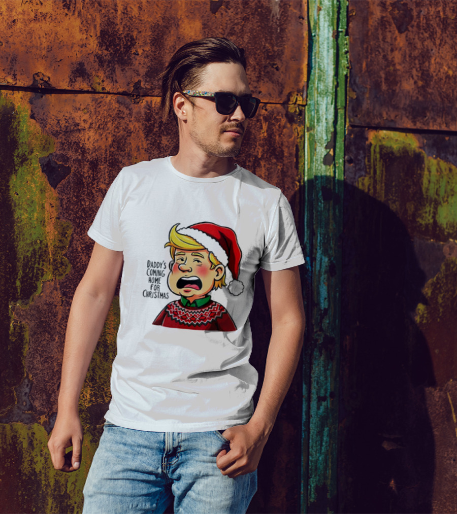 Daddy's Coming Home For Christmas 2024 Santa Hat Sweater Cartoon T-Shirt