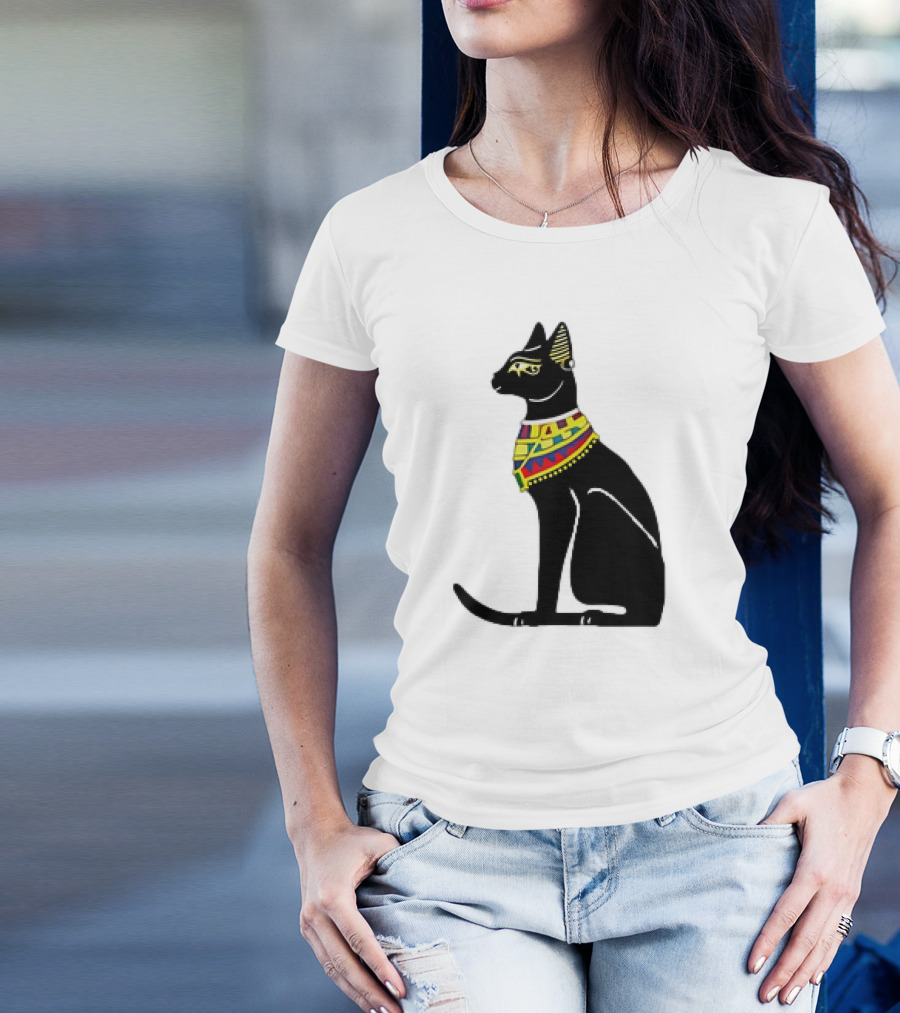 Regal Egyptian Cat With Colorful Geometric Scarf T-Shirt