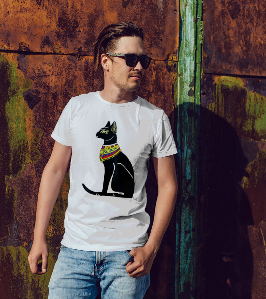 Regal Egyptian Cat With Colorful Geometric Scarf T-Shirt