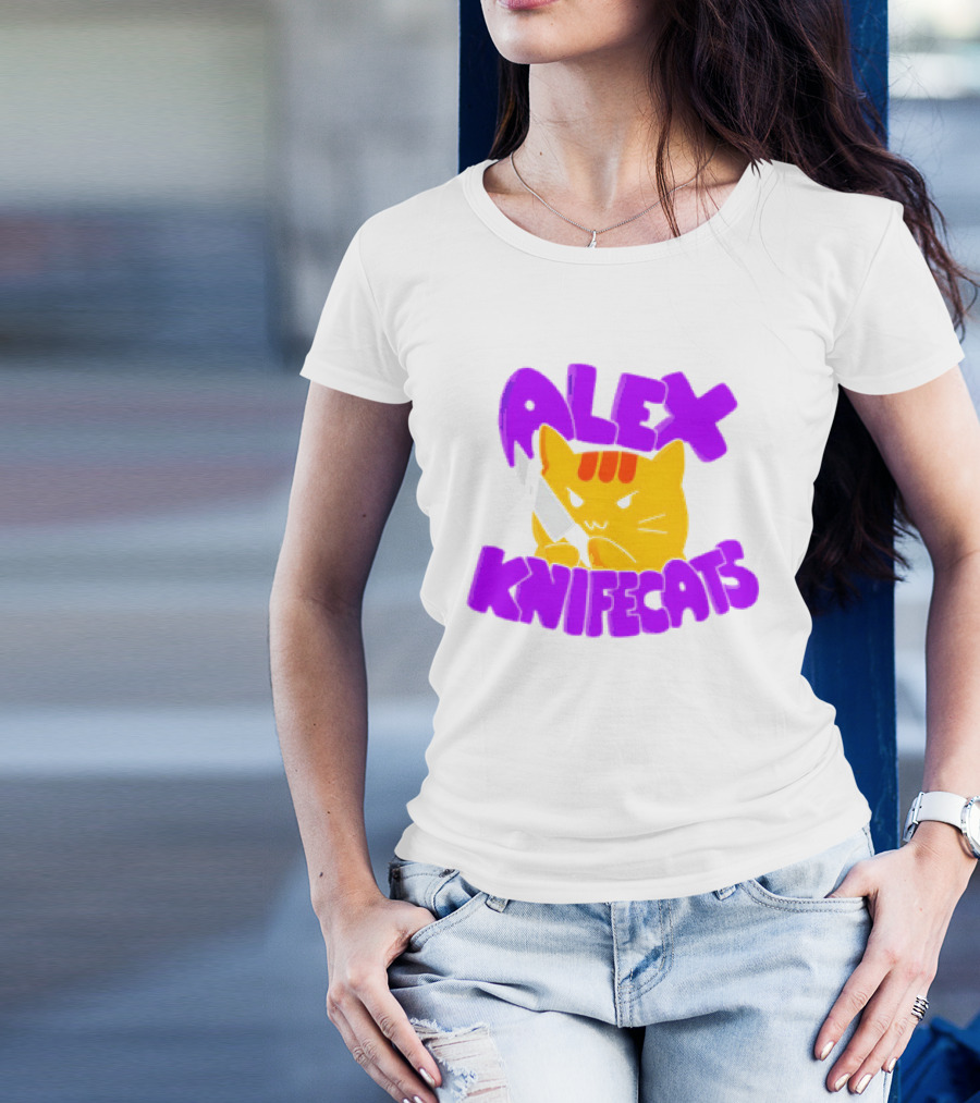 Alex Knifecats Orange Cat Purple Text T-Shirt