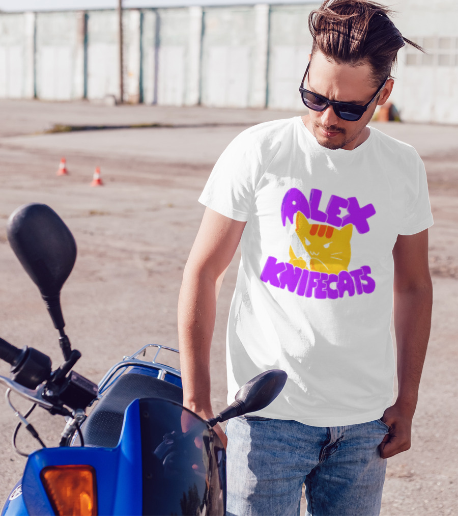 Alex Knifecats Orange Cat Purple Text T-Shirt