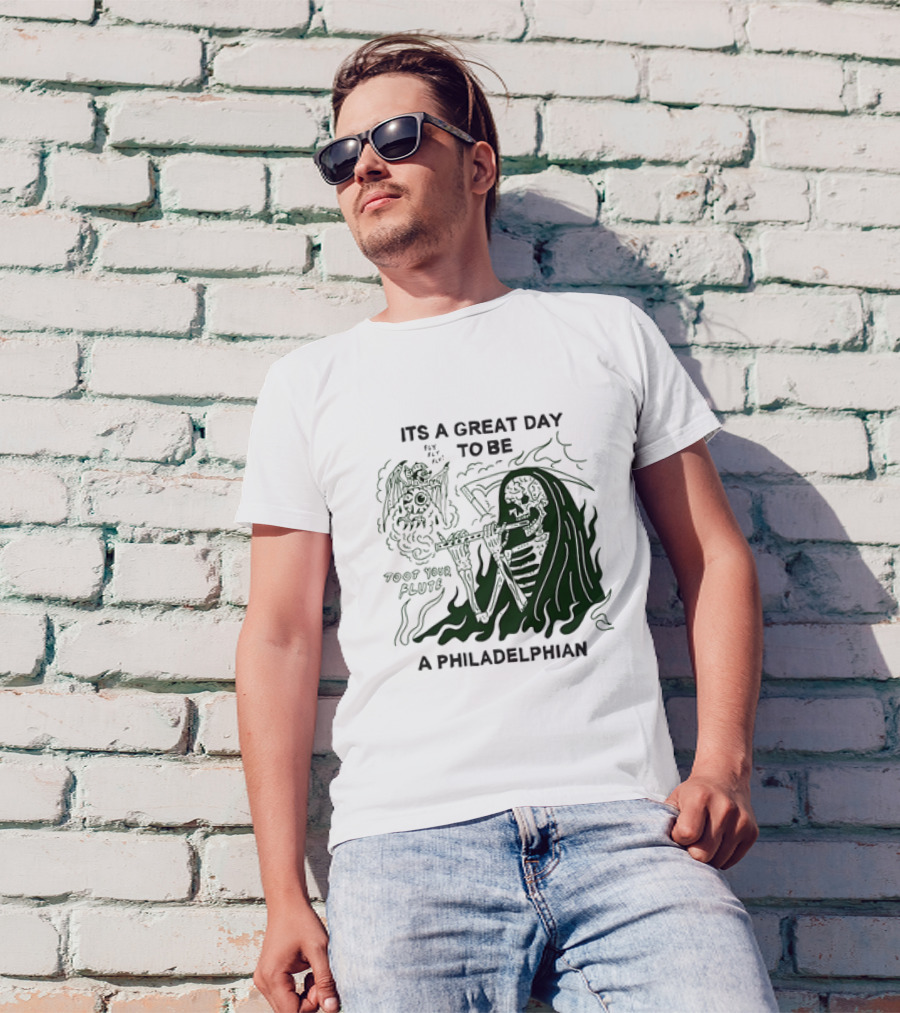 Skeleton Playing Flute With Owl It's A Great Day To Be A Philadelphian T-Shirt