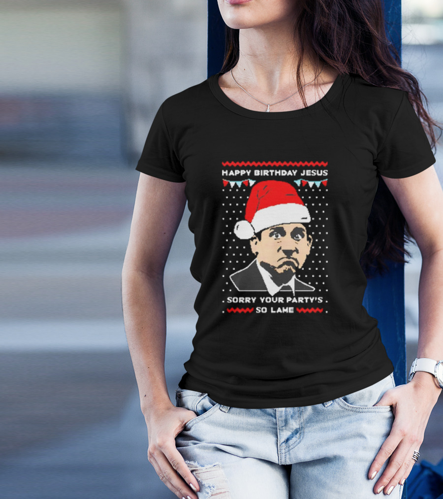Michael Scott Happy Birthday Jesus Sorry Your Party's So Lame Christmas Santa Hat T-Shirt