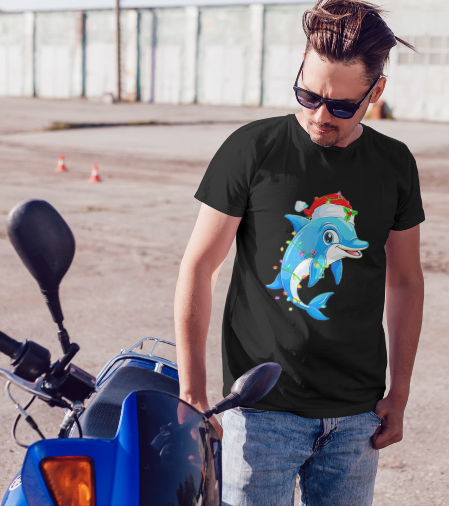 Dolphin In Santa Hat Wrapped In Christmas Tree Lights Pajamas T-Shirt