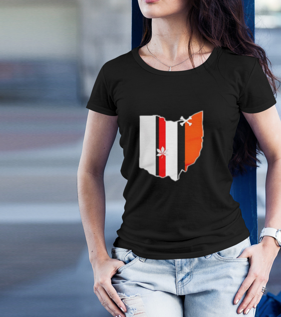 Ohio Map Stripes Football Buckeye Leaf Browns Colors T-Shirt