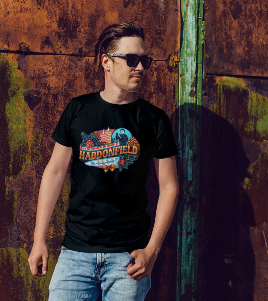 Feel The Warmth Of The Holidays At Haddonfield Michael Myers Halloween Candles And Knife T-Shirt