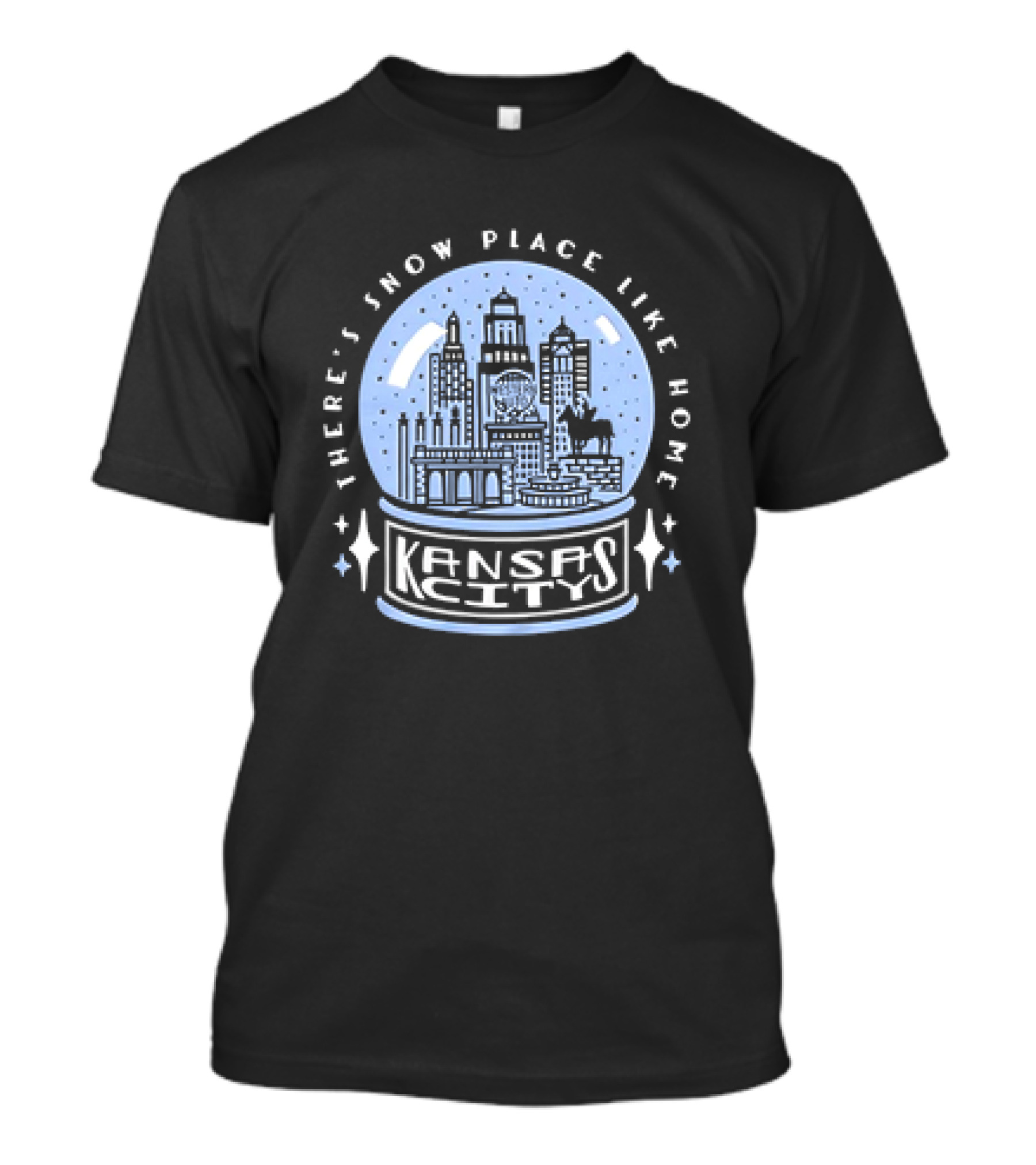 Kansas City There's Snow Place Like Home Blue Snow Globe Skyline T-Shirt