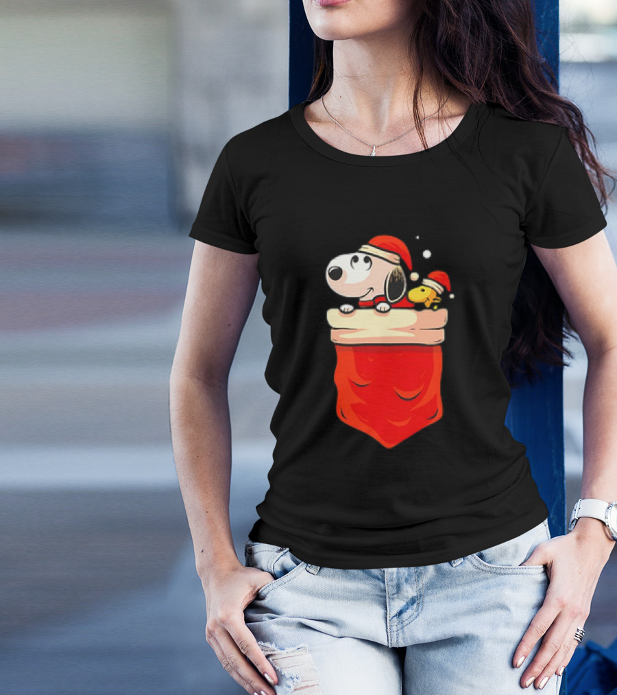 Snoopy And Woodstock Christmas Santa Hats In Red Pocket T-Shirt