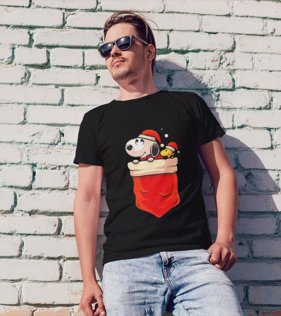 Snoopy And Woodstock Christmas Santa Hats In Red Pocket T-Shirt