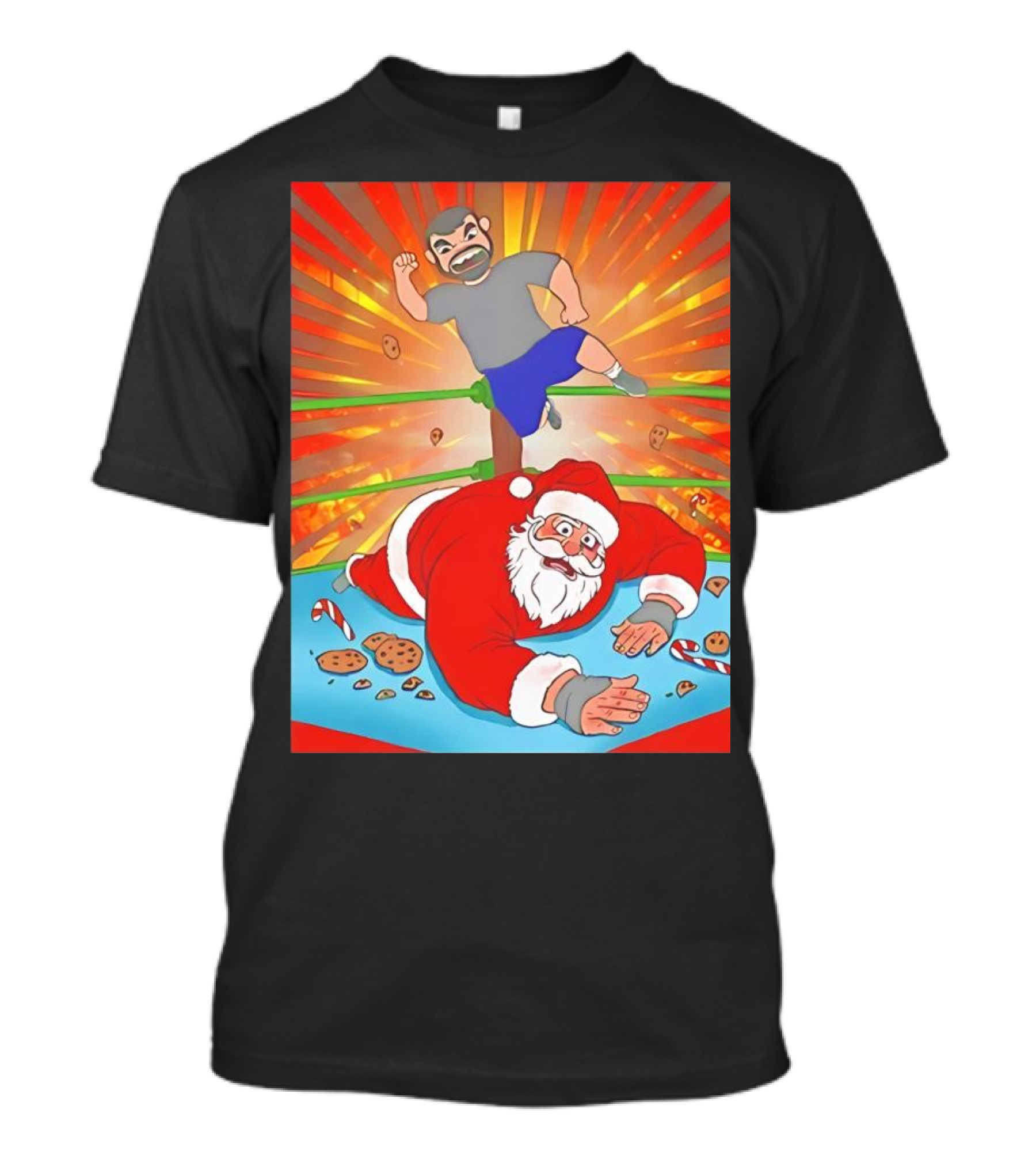 Wrestling Santa Christmas Carnage Candy Cookies Explosion T-Shirt