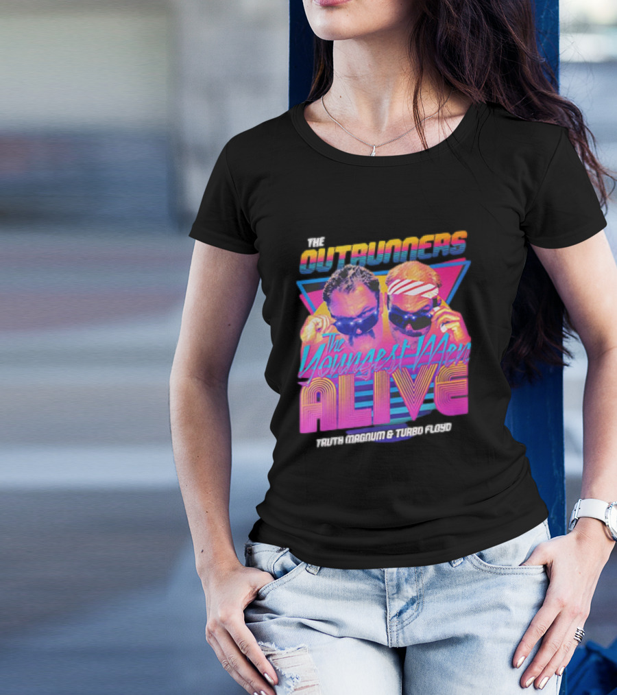 The Outrunners The Youngest Men Alive Truth Magnum And Turbo Floyd Retro Neon T-Shirt