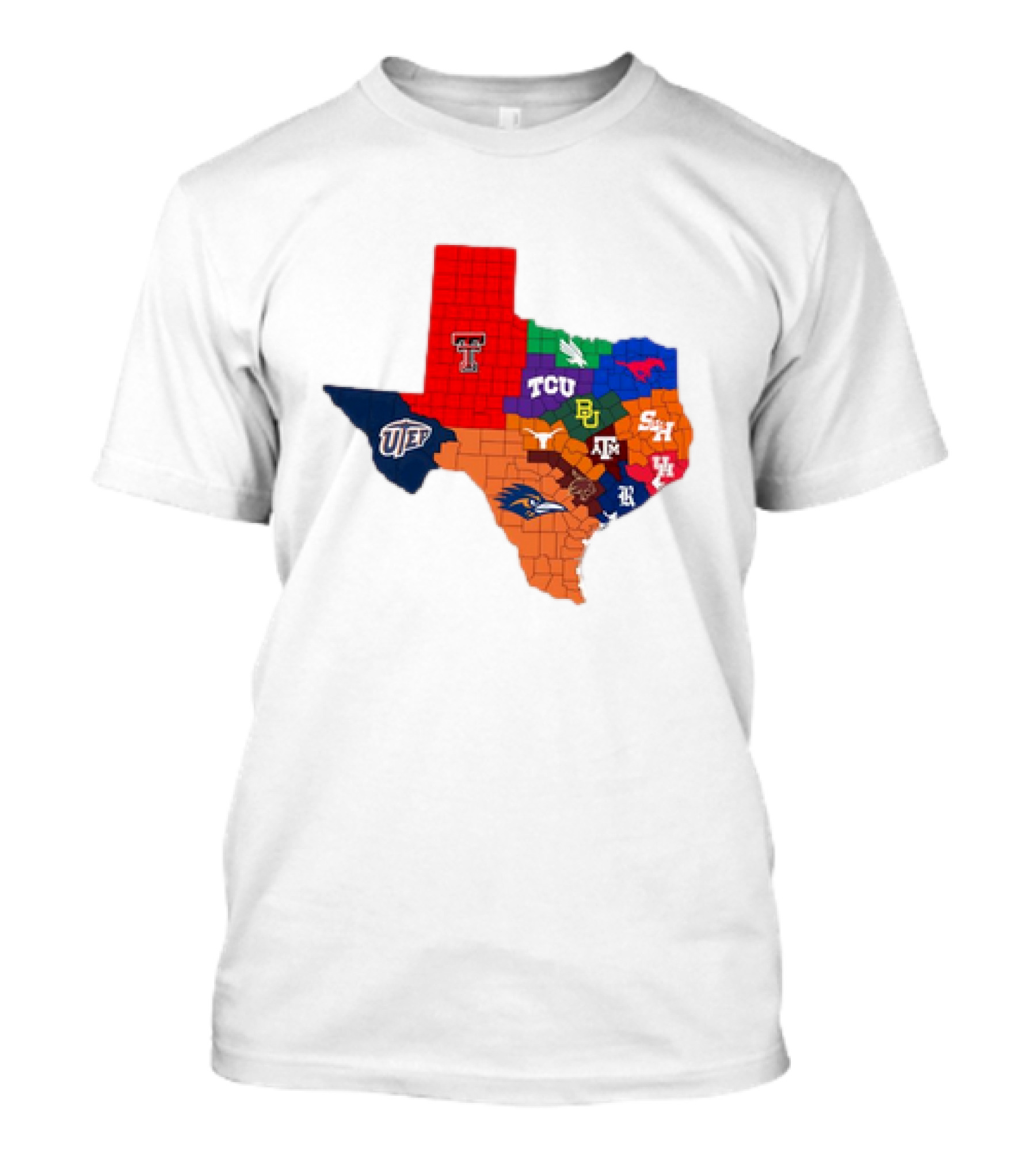 Texas College Football Teams Map With Logos Including Texas Tech TCU SMU Baylor Texas A&M UTEP SHSU UTSA T-Shirt