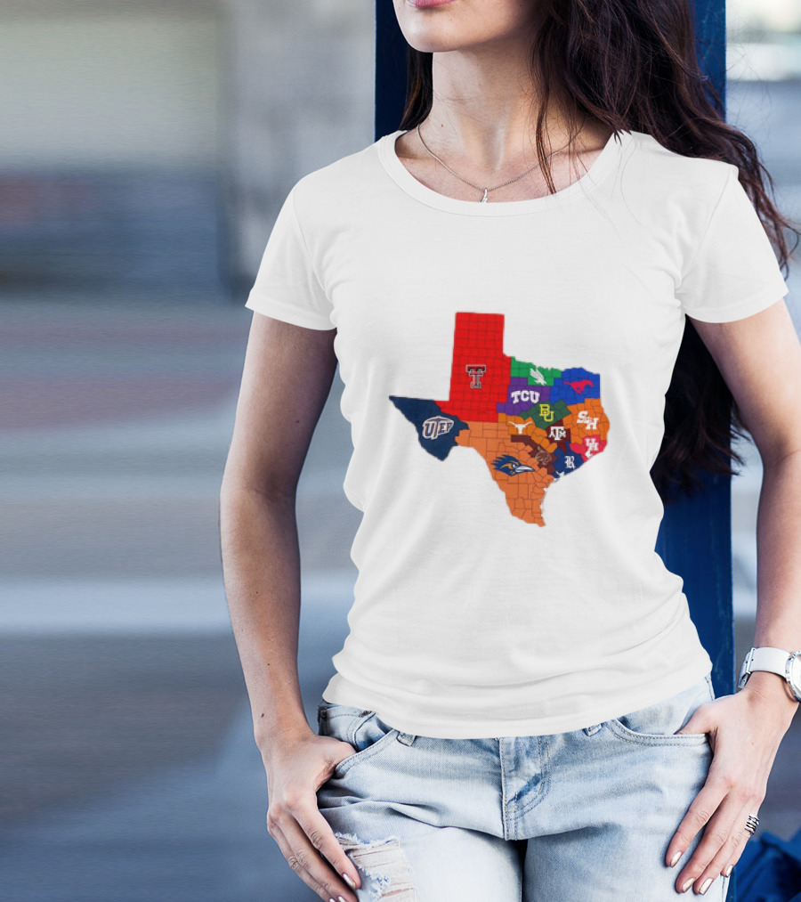 Texas College Football Teams Map With Logos Including Texas Tech TCU SMU Baylor Texas A&M UTEP SHSU UTSA T-Shirt