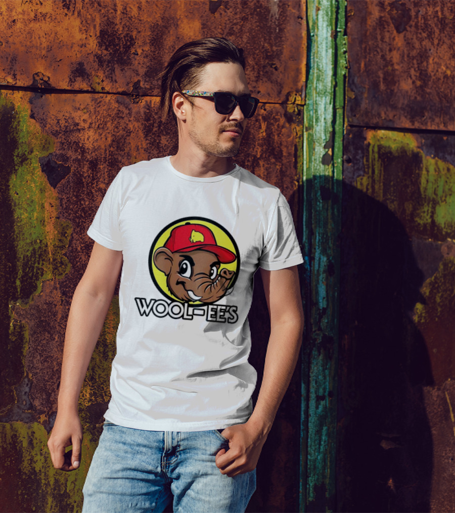Wool-Ee’s Woolly Mammoth Cartoon Character In Red Cap With Yellow Background T-Shirt