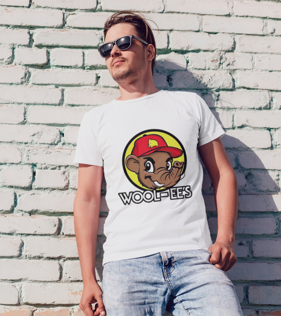 Wool-Ee’s Woolly Mammoth Cartoon Character In Red Cap With Yellow Background T-Shirt