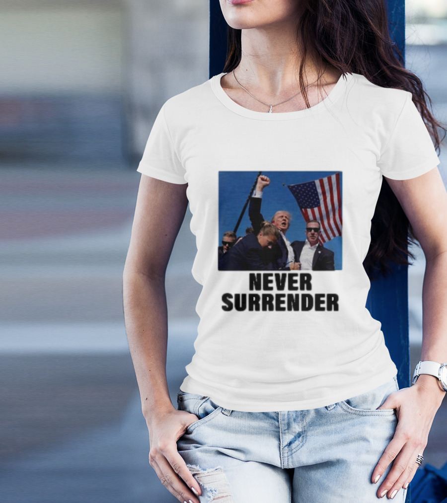 Never Surrender 2024 Trump Rally With American Flag T-Shirt