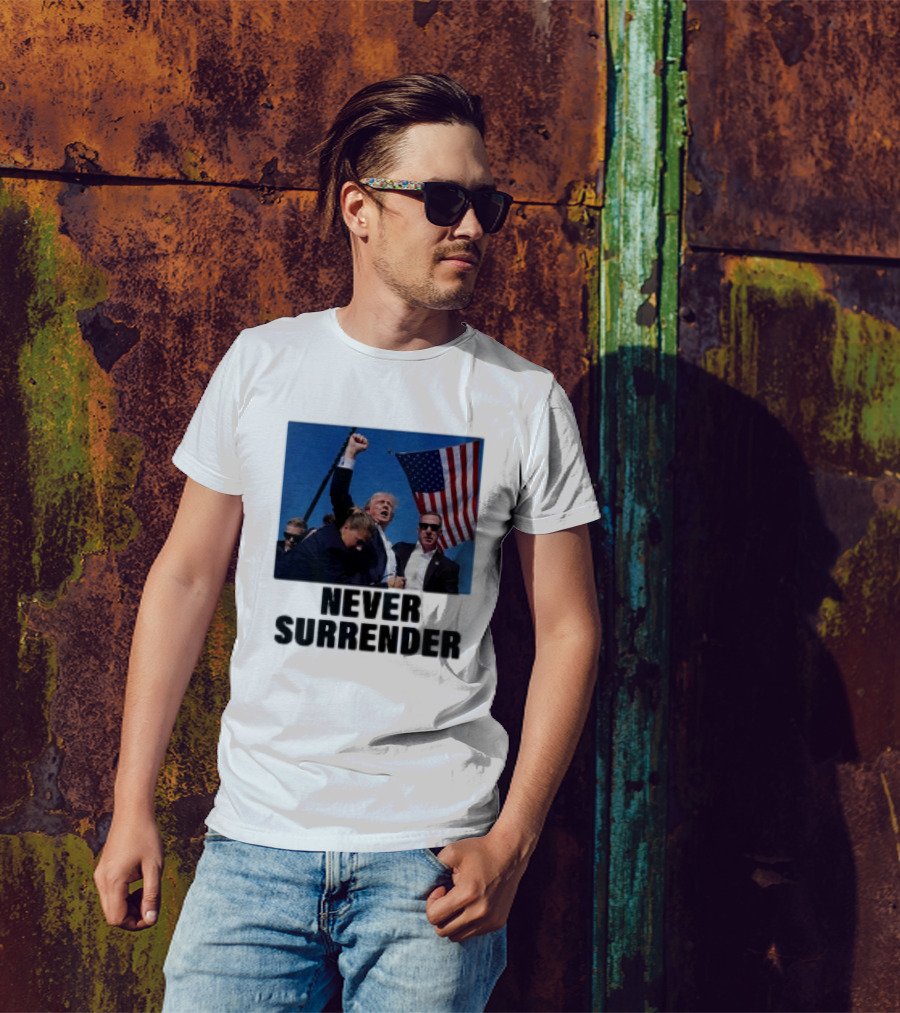 Never Surrender 2024 Trump Rally With American Flag T-Shirt