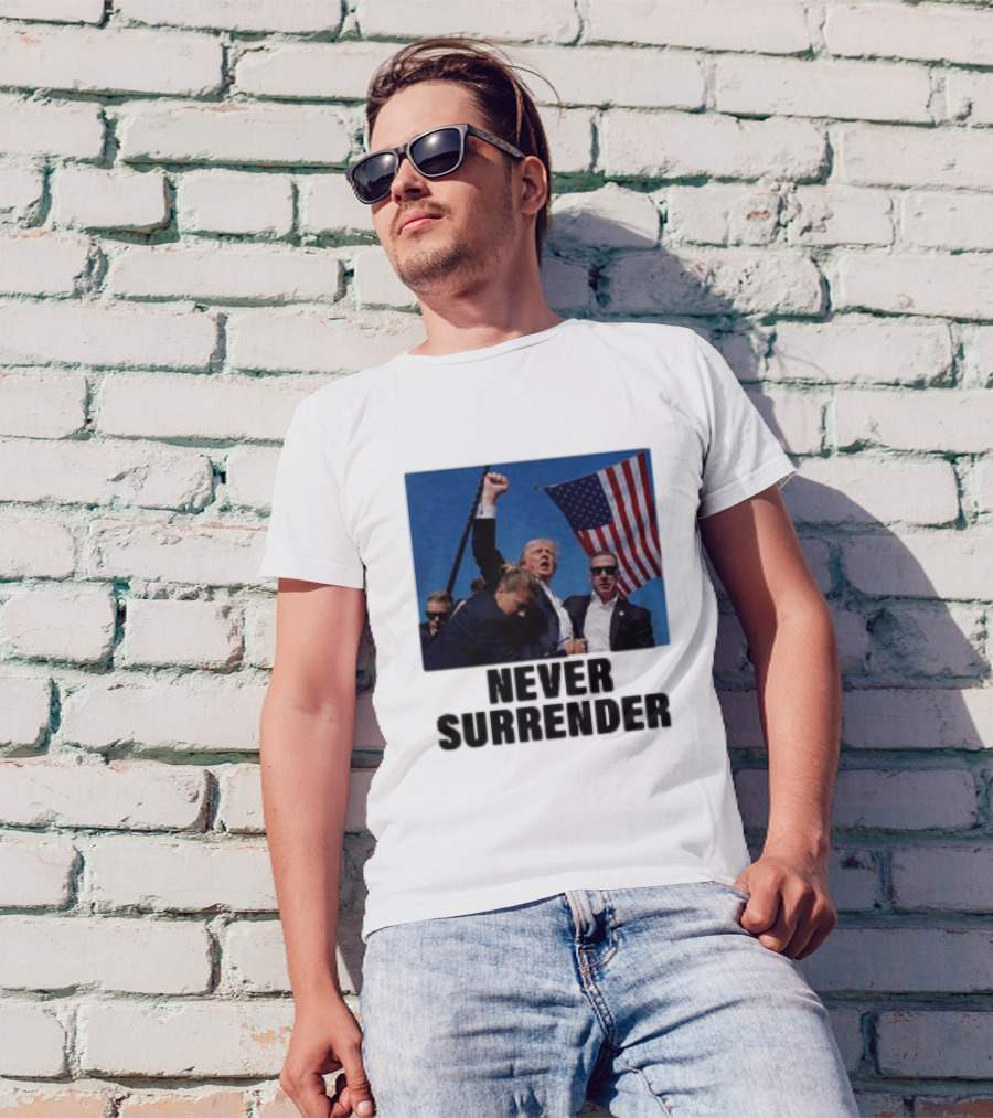 Never Surrender 2024 Trump Rally With American Flag T-Shirt
