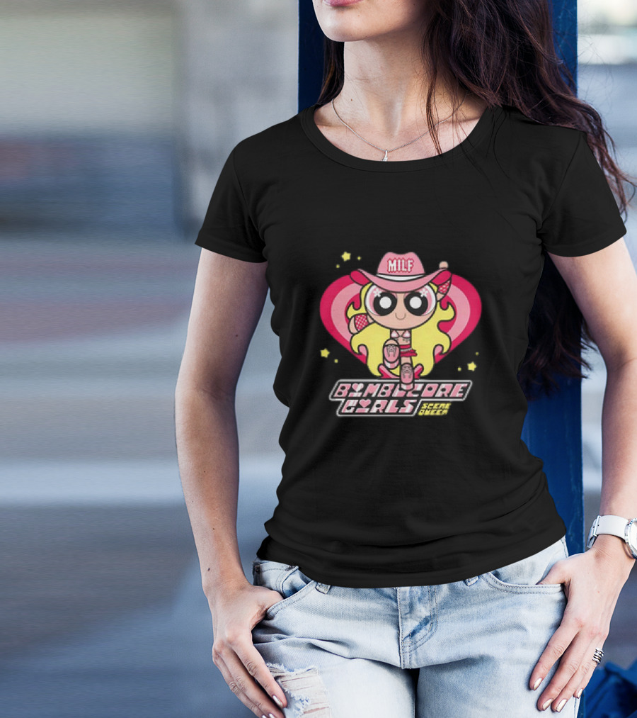 Bimbocore Girls Scene Queen Powerpuff MILF Cowboy Hat Pink Heart Flame T-Shirt