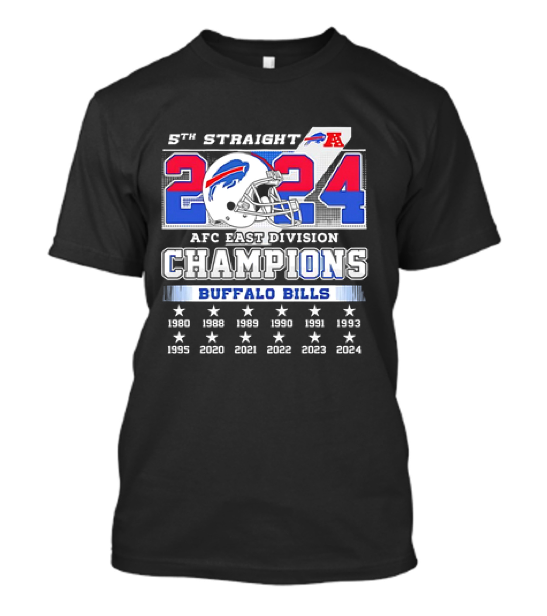 5th Straight 2024 AFC East Division Champions Buffalo Bills NFL Football Helmet Logo Stars T-Shirt