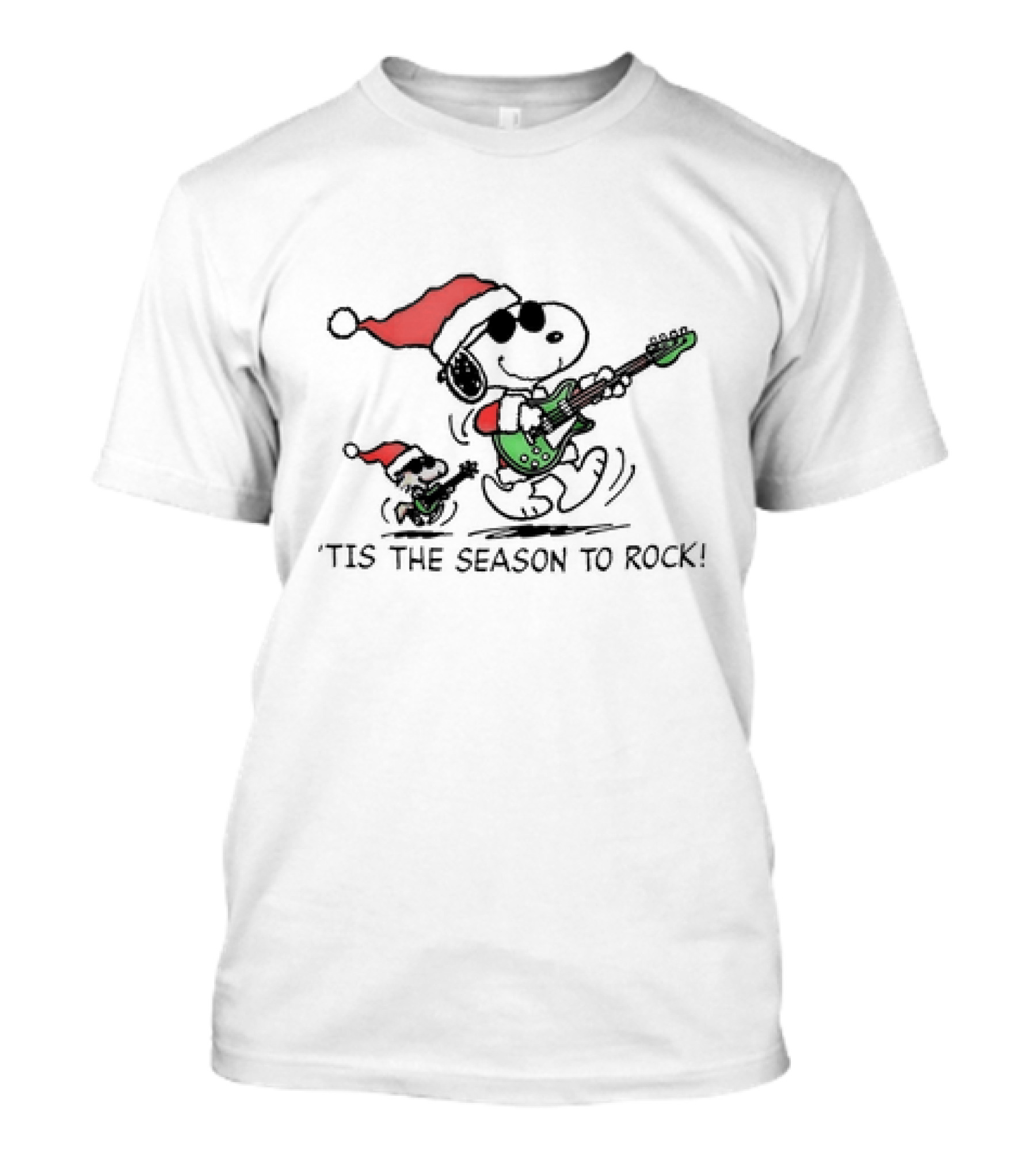 Snoopy Woodstock Peanuts 'Tis The Season To Rock Christmas With Santa Hats And Guitars T-Shirt