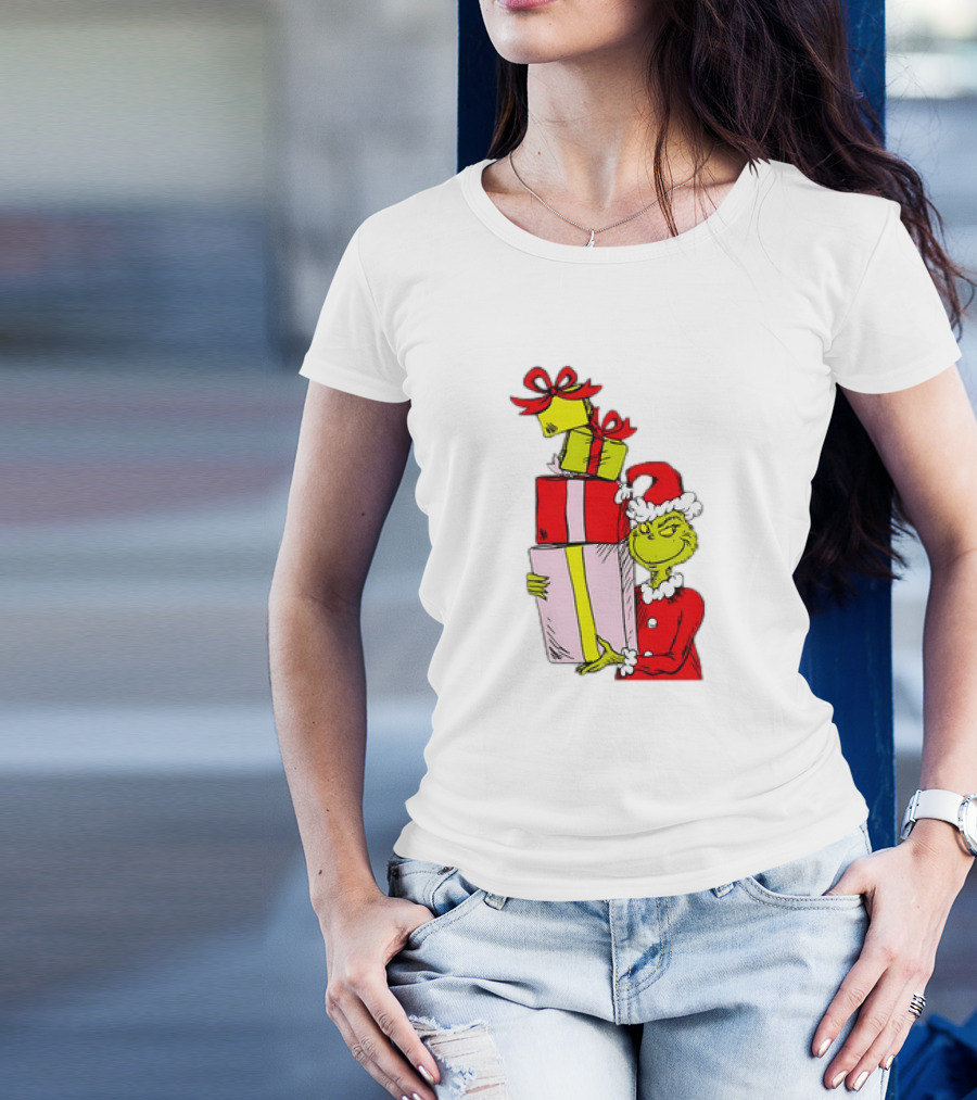 Grinch With Stacked Christmas Gifts Santa T-Shirt