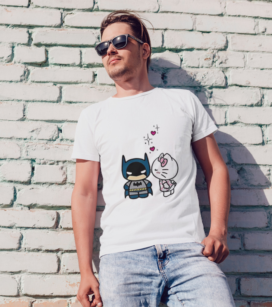 Hello Kitty Kissing Batman With Hearts And Sparkles T-Shirt