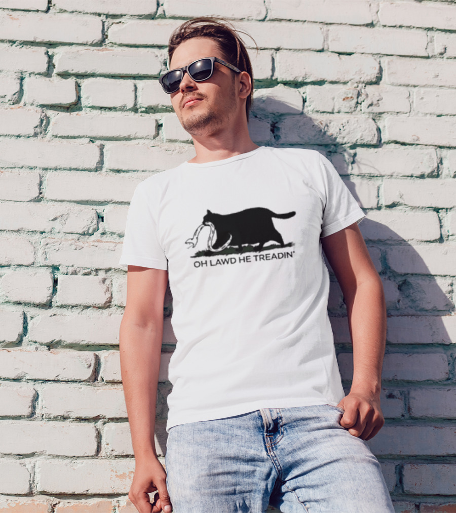 Oh Lawd He Treadin' Cat Silhouette Biting Snake T-Shirt