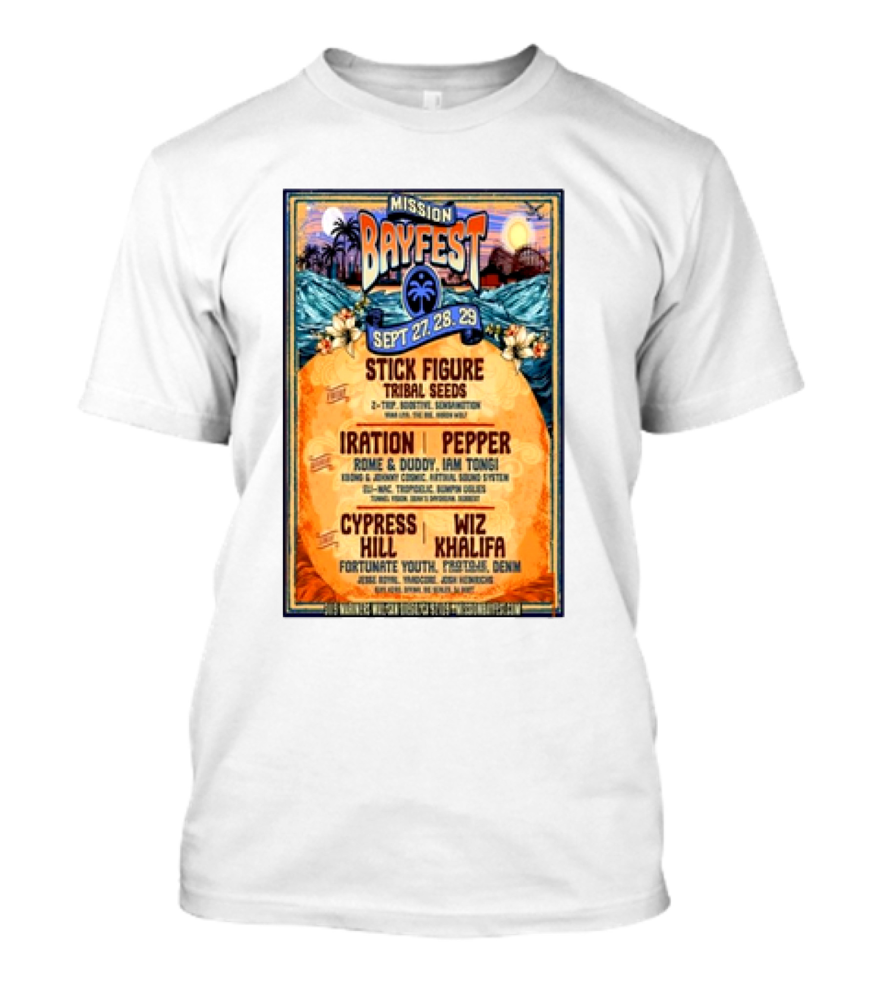 Mission Bayfest Sept 27-29 2024 San Diego Featuring Stick Figure Wiz Khalifa Cypress Hill Iration Pepper Tribal Seeds T-Shirt