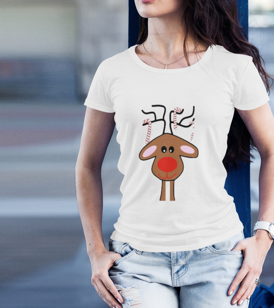 Red Nose Christmas Reindeer With Candy Cane Antlers T-Shirt