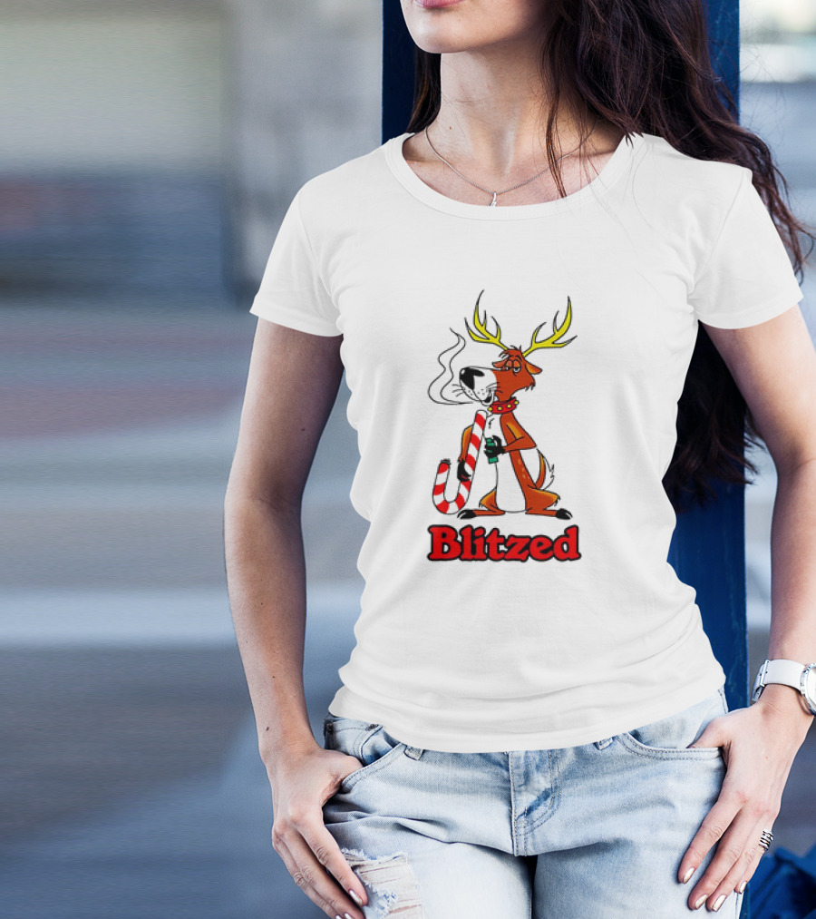 Blitzed Reindeer With Candy Cane And Holiday Cheer T-Shirt