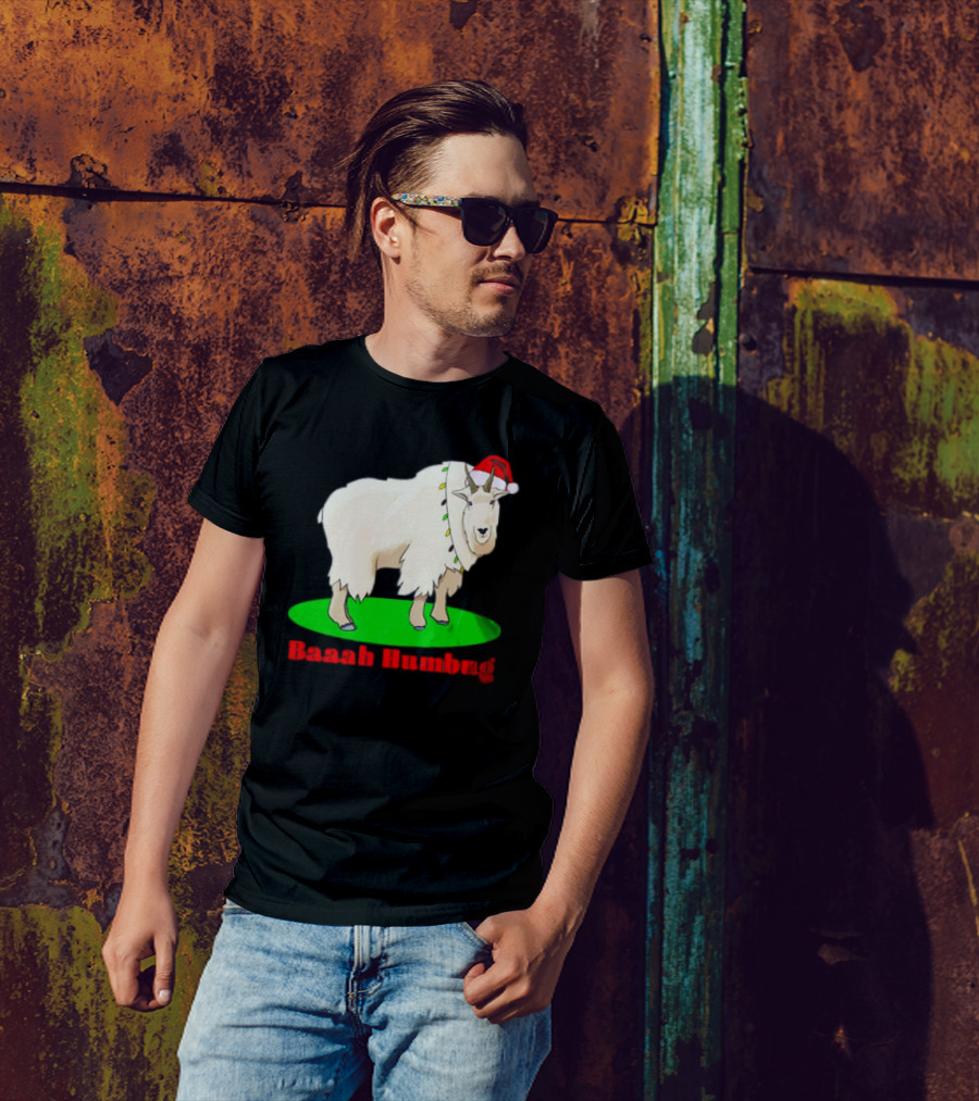 Baaah Humbug Goat With Santa Hat Holiday Lights T-Shirt