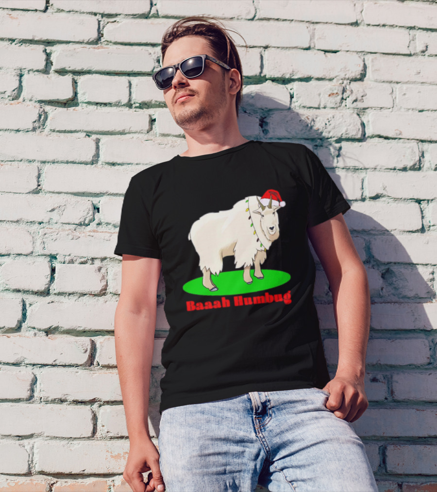 Baaah Humbug Goat With Santa Hat Holiday Lights T-Shirt