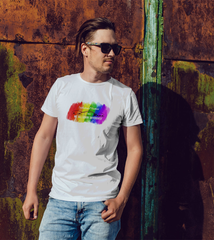 Inclusion Matters BBES We All Learn Differently Rainbow Brushstroke Background T-Shirt