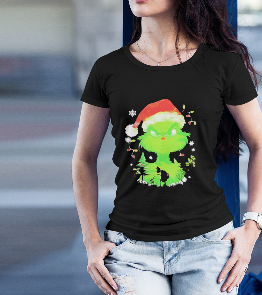 Grinch In Santa Hat Surrounded By Snowflakes And Christmas Lights T-Shirt