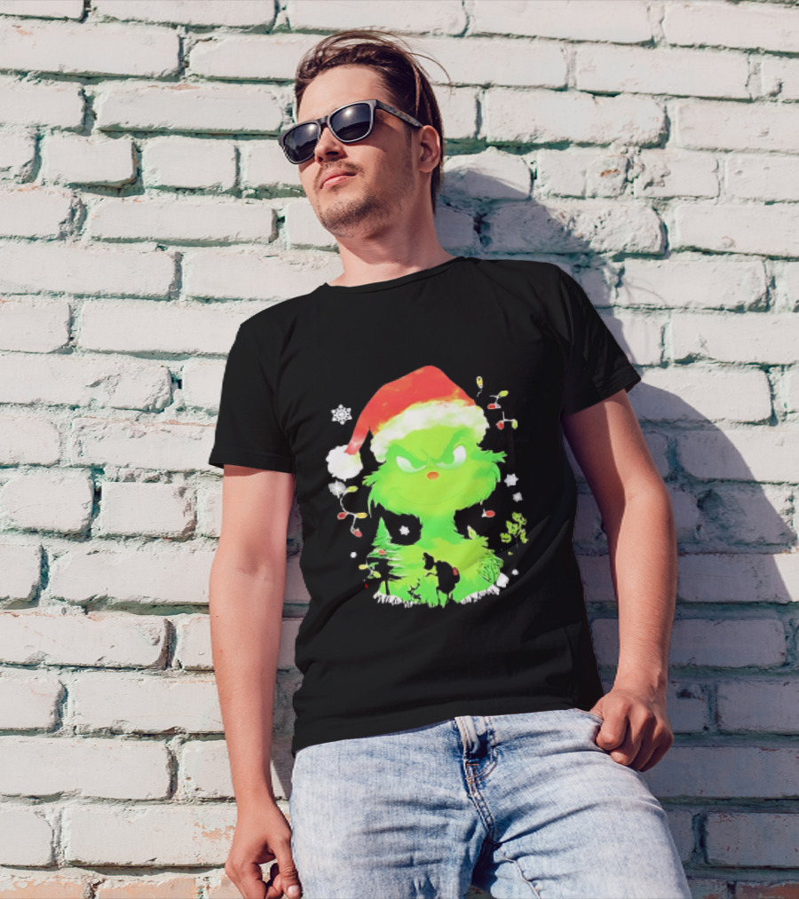 Grinch In Santa Hat Surrounded By Snowflakes And Christmas Lights T-Shirt