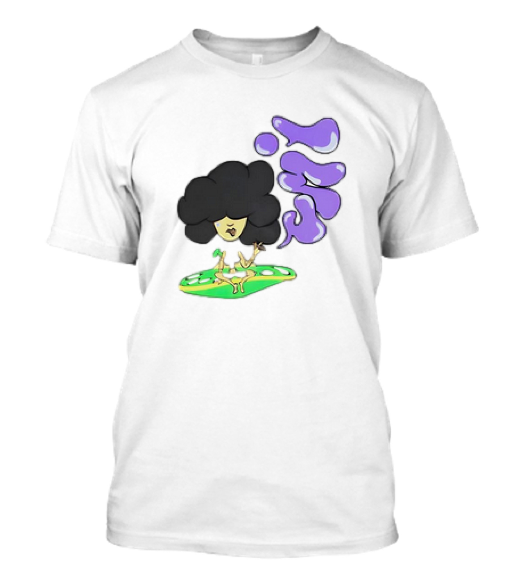 Umi Afro Character On Green UFO With Purple Bubble Letters T-Shirt