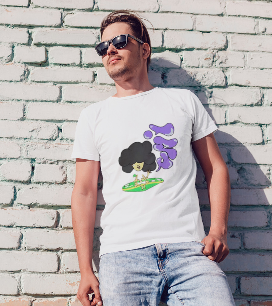 Umi Afro Character On Green UFO With Purple Bubble Letters T-Shirt