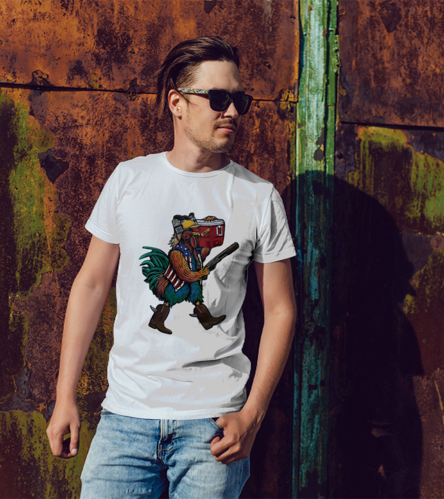 Merica Tacticock Chicken Patriotic Rooster With Beer Cooler And Shotgun T-Shirt
