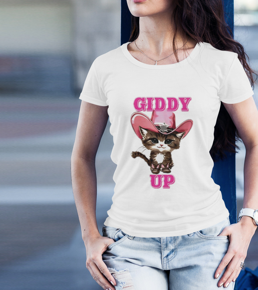 Giddy Up Cowboy Cat Pink Hat Kitten T-Shirt