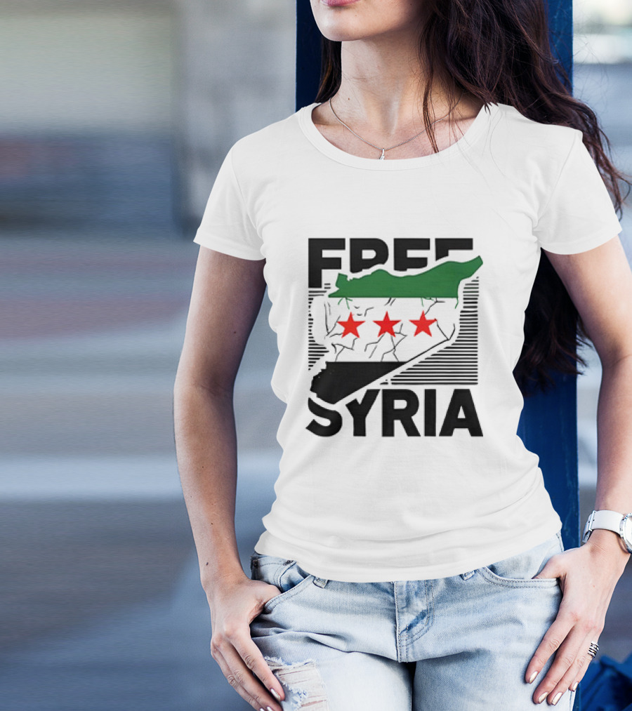 Free Syria Map With Flag Stripes And Red Stars T-Shirt