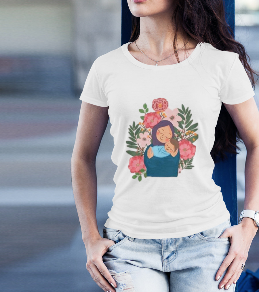 Mom And New Baby Boy Mother's Day Paint Floral Embrace T-Shirt