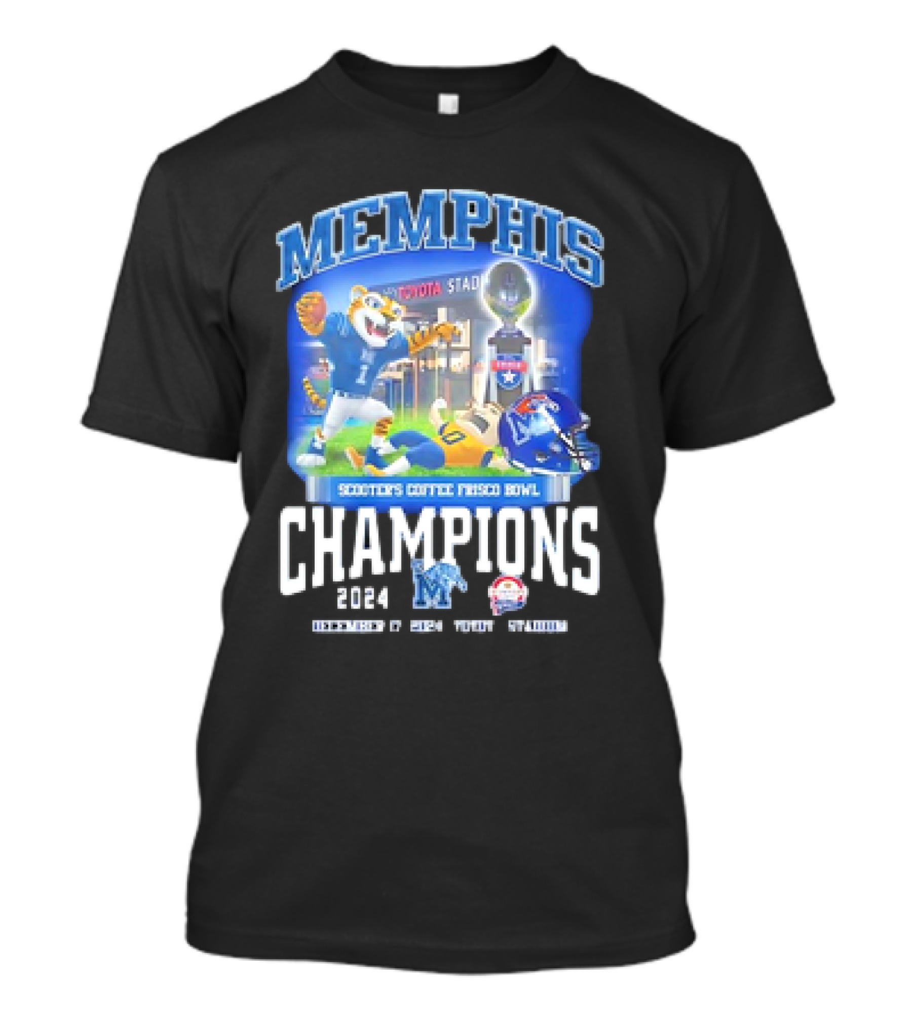 Memphis Tigers 2024 Scooter's Coffee Frisco Bowl Champions Toyota Stadium Mascot NCAA T-Shirt