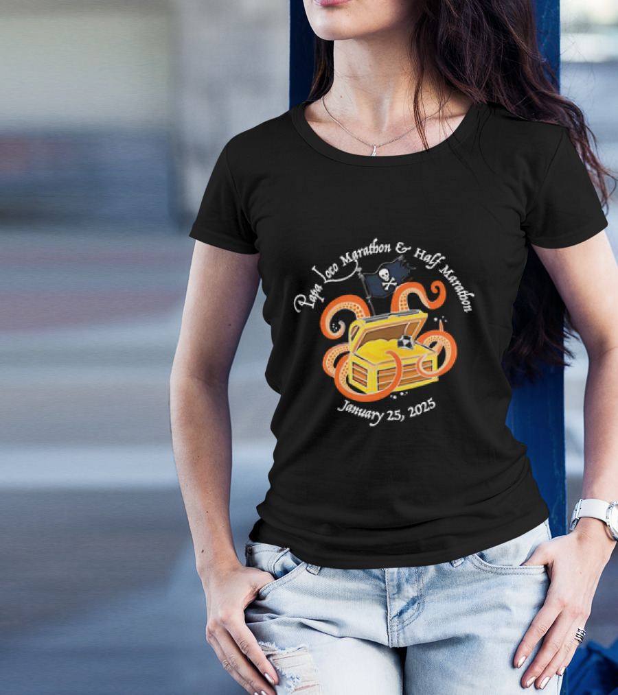 Papa Loco Marathon And Half Marathon January 25 2025 Pirate Treasure Chest With Octopus T-Shirt