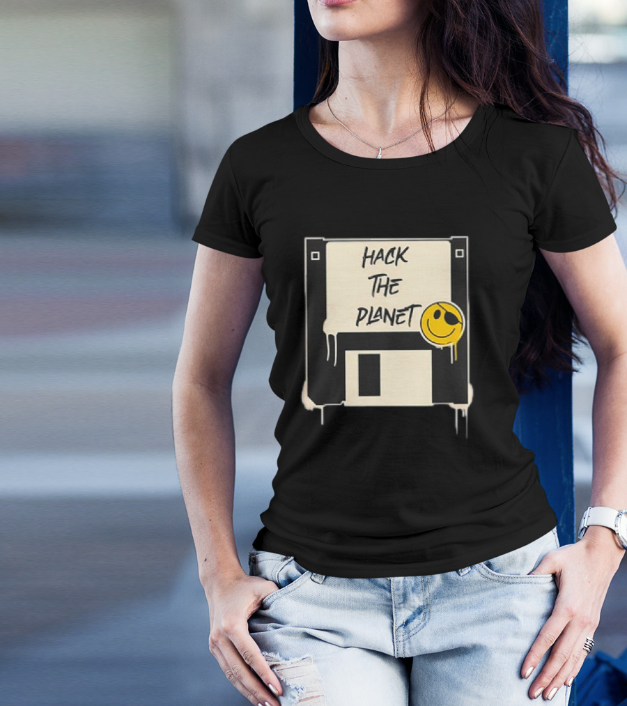 Hack The Planet Floppy Disk Smiley Face T-Shirt