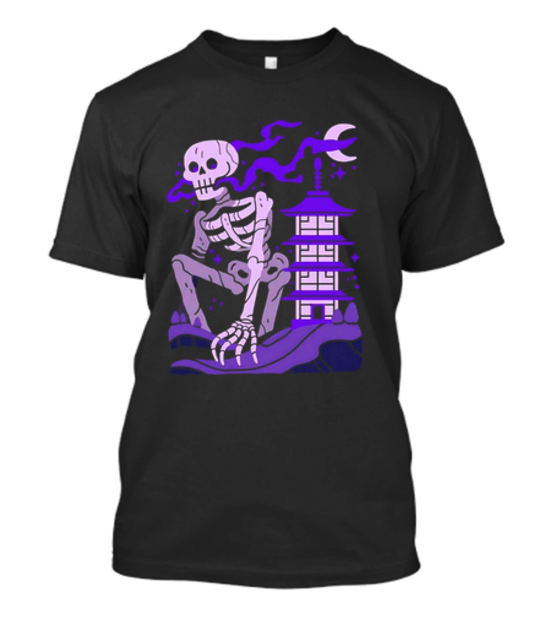 Gashadokuro Japanese Cryptid Skeleton With Pagoda And Crescent Moon T-Shirt