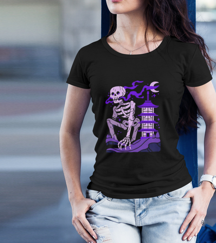 Gashadokuro Japanese Cryptid Skeleton With Pagoda And Crescent Moon T-Shirt