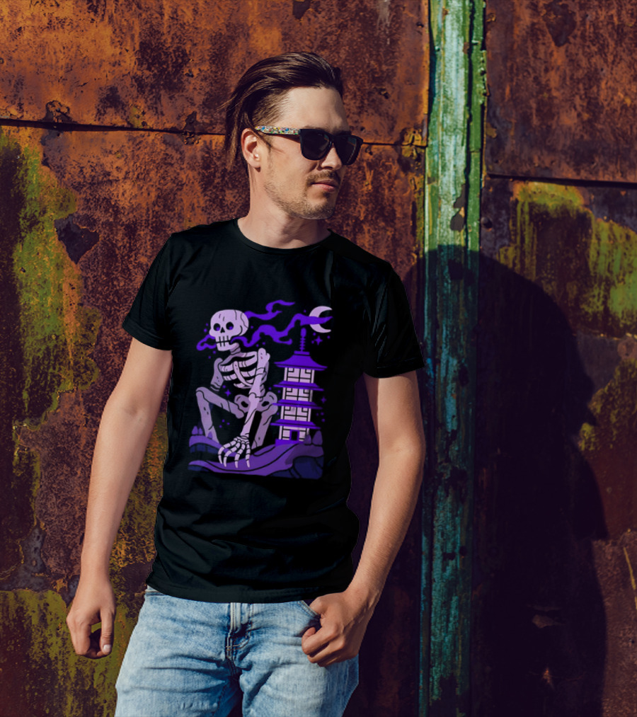 Gashadokuro Japanese Cryptid Skeleton With Pagoda And Crescent Moon T-Shirt