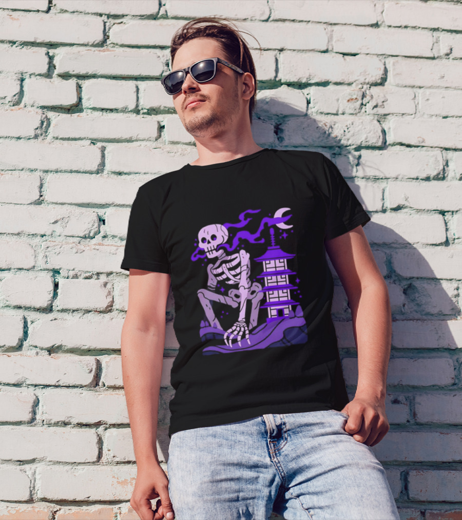 Gashadokuro Japanese Cryptid Skeleton With Pagoda And Crescent Moon T-Shirt