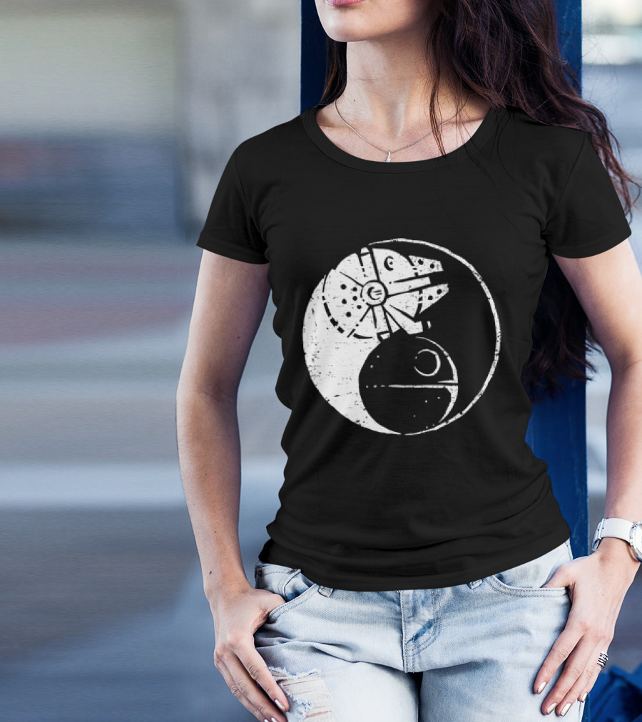 Millennium Falcon And Death Star Yin Yang Balancing The Force T-Shirt
